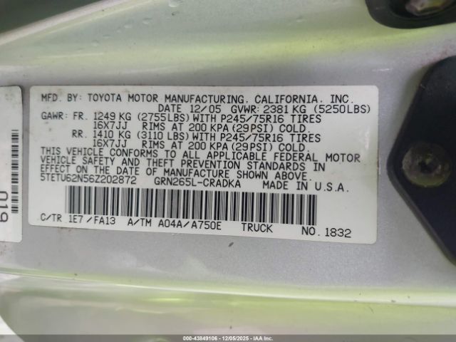 2006 TOYOTA TACOMA 5TETU62N56Z202872 Photo 8