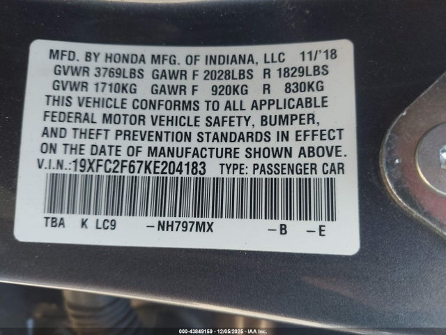 Honda k20c2 2019 19XFC2F67KE204183 Image 9