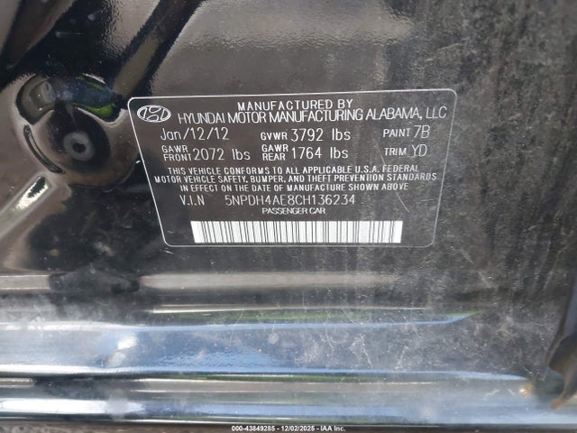 Aukcja sprzedaży 2012 Hyundai Elantra Gls, vin: 5NPDH4AE8CH136234, numer aukcji: 43849285