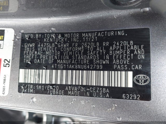 Продаж на аукціоні авто 2022 Toyota Camry Se, vin: 4T1G11AK8NU642799, номер лоту: 43849293