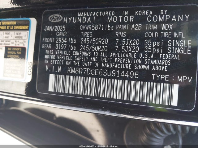 Aukcja sprzedaży 2025 Hyundai Palisade Calligraphy, vin: KM8R7DGE6SU914496, numer aukcji: 43849403