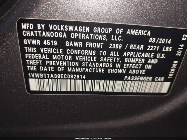 2014 VOLKSWAGEN PASSAT 1VWBT7A38EC082614 Photo 8