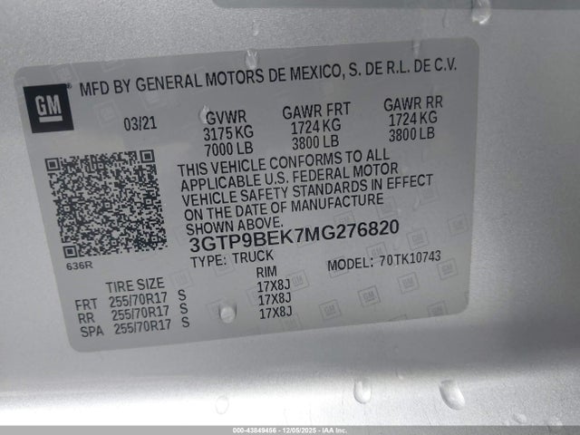 3GTP9BEK7MG276820 GMC Sierra 1500 4wd Standard Box Sle
