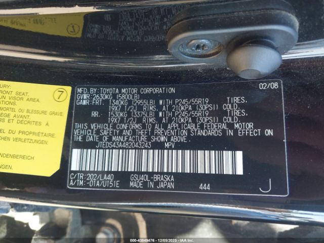 2008 TOYOTA HIGHLANDER JTEDS43A482043243 Photo 8