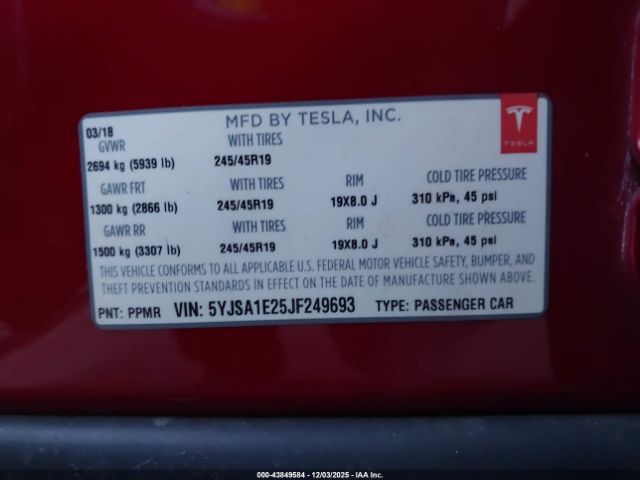 2018 TESLA MODEL S 5YJSA1E25JF249693 Photo 8