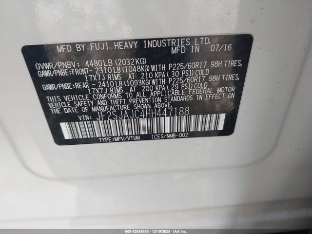Aukcja sprzedaży 2017 Subaru Forester 2.5i Limited, vin: JF2SJAJC4HH447188, numer aukcji: 43849596