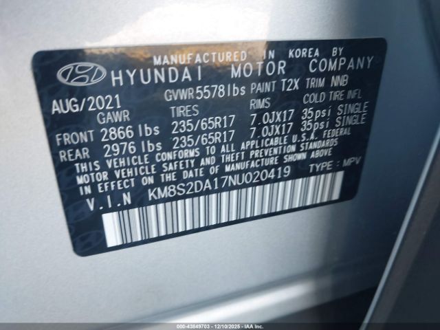 2022 HYUNDAI SANTA FE HYBRID KM8S2DA17NU020419 Photo 8