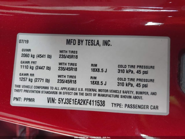 2019 TESLA MODEL 3 5YJ3E1EA2KF411538 Photo 8