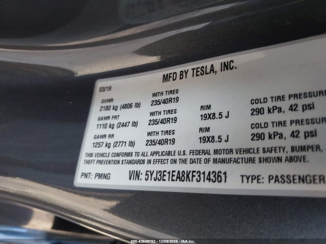 2019 TESLA MODEL 3 5YJ3E1EA8KF314361 Photo 8