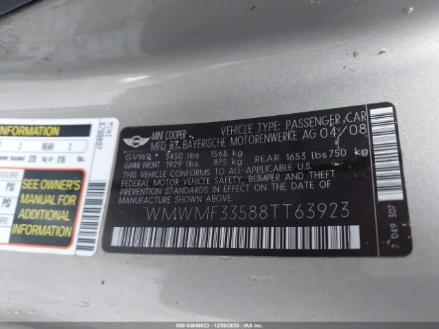 2008 MINI COOPER WMWMF33588TT63923 Photo 8