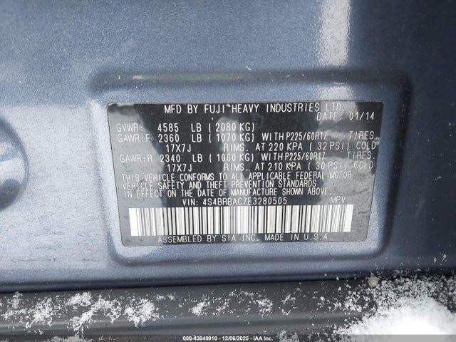 4S4BRBAC7E3280505 Subaru Outback 2.5i