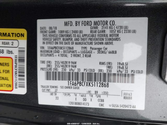 2019 FORD MUSTANG 1FA6P8CFXK5112868 Photo 8