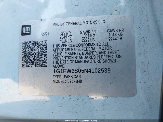 1G1FW6S05N4102539 Chevrolet Bolt Ev Fwd 1lt