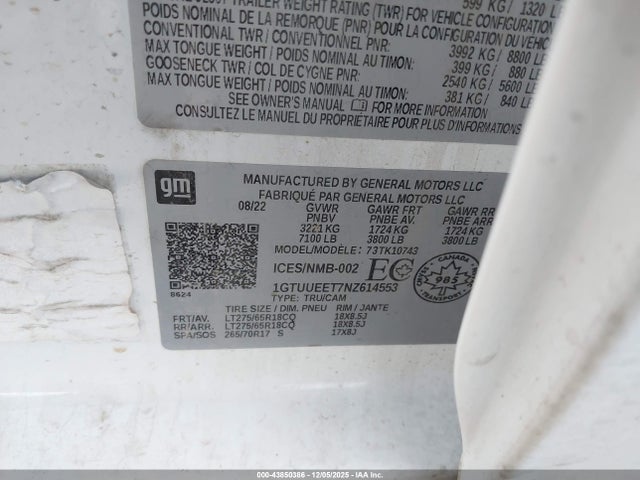 1GTUUEET7NZ614553 GMC Sierra 1500 4wd Short Box At4/4wd Standard Box At4