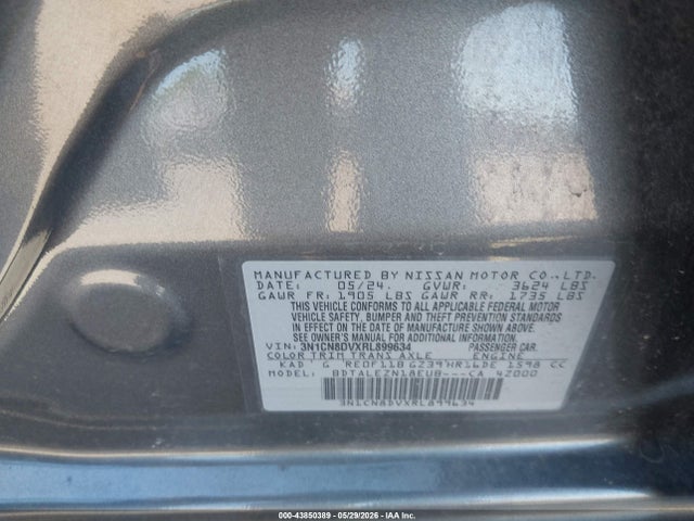 Продажа на аукционе авто 2024 Nissan Versa 1.6 S, vin: 3N1CN8DVXRL899634, номер лота: 43850389