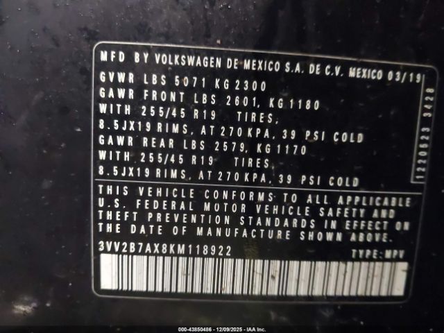 2019 VOLKSWAGEN TIGUAN 3VV2B7AX8KM118922 Photo 8