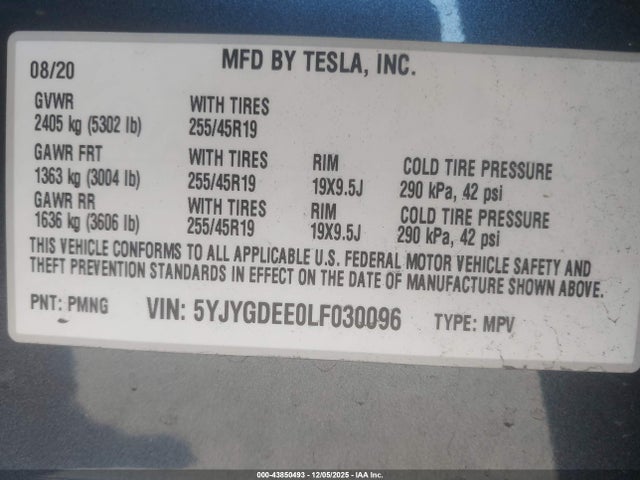 2020 TESLA MODEL Y 5YJYGDEE0LF030096 Photo 8