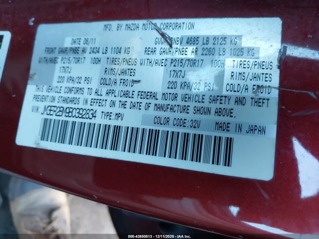 43850513 :رقم المزاد ، JM3ER2BM9B0392834 vin ، 2011 Mazda Cx-7 I Sport مزاد بيع