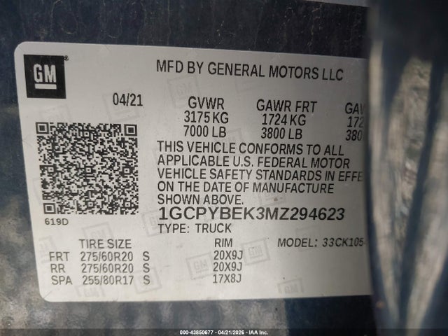 Продажа на аукционе авто 2021 Chevrolet Silverado 1500 4wd  Short Bed Custom, vin: 1GCPYBEK3MZ294623, номер лота: 43850677