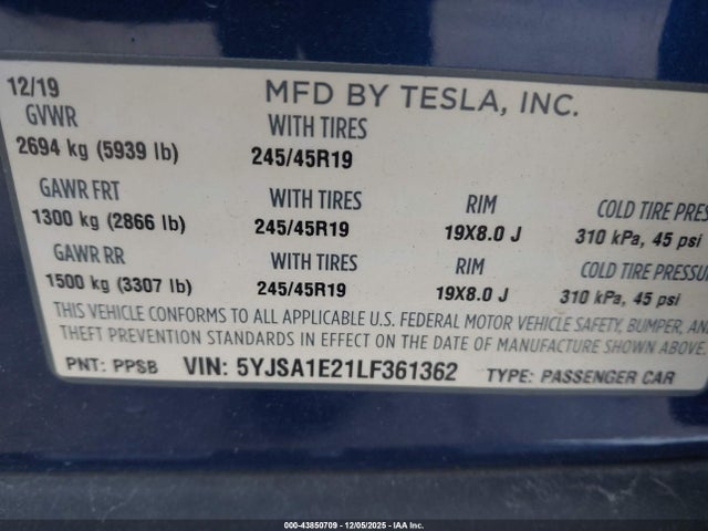 2020 TESLA MODEL S 5YJSA1E21LF361362 Photo 8