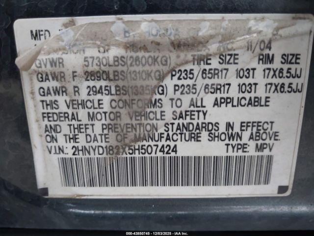 2005 ACURA MDX 2HNYD182X5H507424 Photo 8