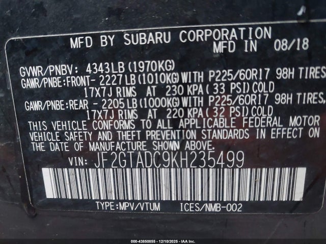 Продажа на аукционе авто 2019 Subaru Crosstrek 2.0i Premium, vin: JF2GTADC9KH235499, номер лота: 43850855