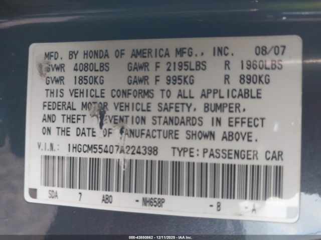 2007 HONDA ACCORD 1HGCM55407A224398 Photo 8