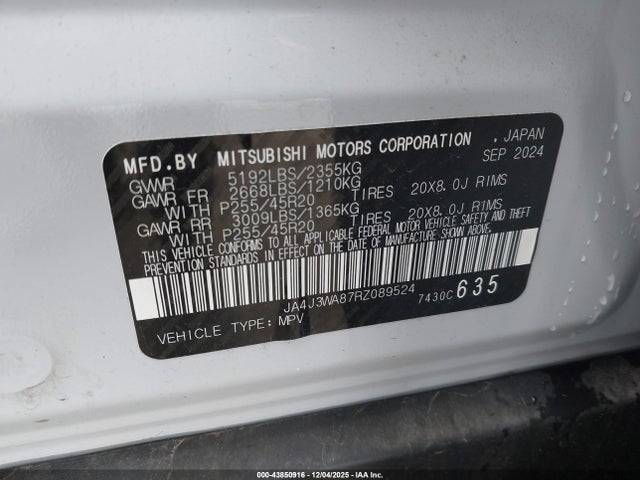 Продаж на аукціоні авто 2024 Mitsubishi Outlander Sel 2.5 2wd/sel Black Edition 2wd, vin: JA4J3WA87RZ089524, номер лоту: 43850916
