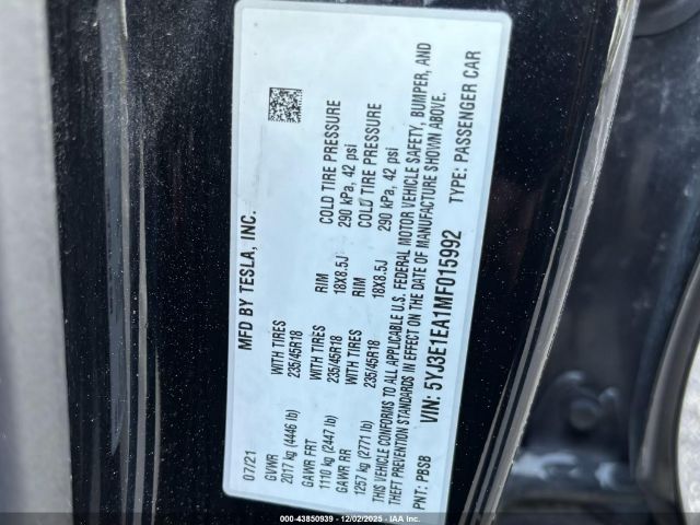 2021 TESLA MODEL 3 5YJ3E1EA1MF015992 Photo 8