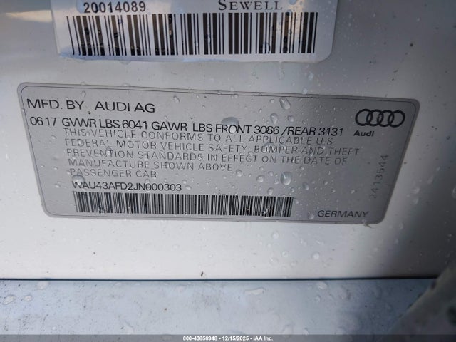 Продаж на аукціоні авто 2018 Audi A8 L 4.0t Sport, vin: WAU43AFD2JN000303, номер лоту: 43850948