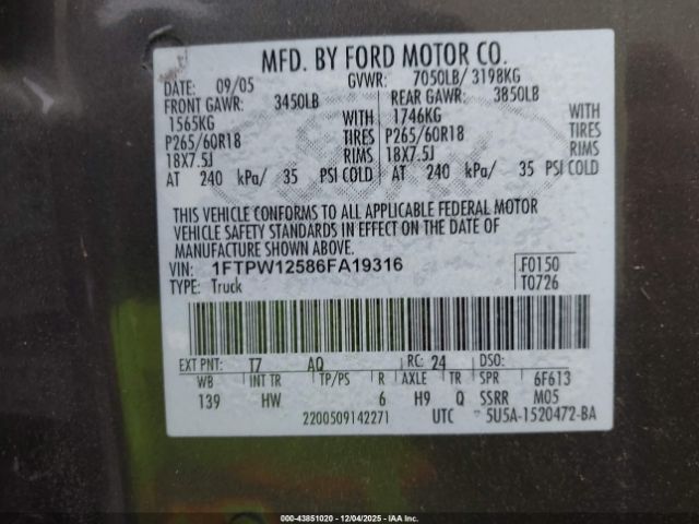 2006 FORD F-150 1FTPW12586FA19316 Photo 8
