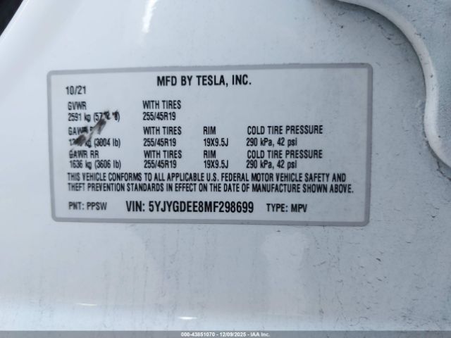 2021 TESLA MODEL Y 5YJYGDEE8MF298699 Photo 8