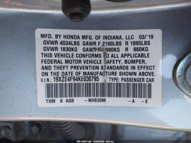 Aukcja sprzedaży 2019 Honda Insight Touring, vin: 19XZE4F94KE030795, numer aukcji: 43851145