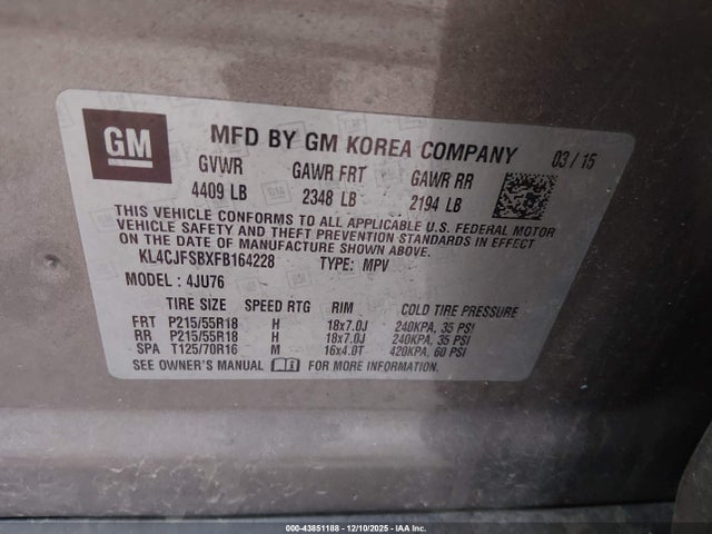 Продажа на аукционе авто 2015 Buick Encore Convenience, vin: KL4CJFSBXFB164228, номер лота: 43851188