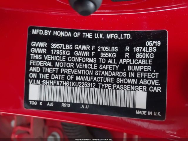 2019 HONDA CIVIC SHHFK7H61KU225312 Photo 8