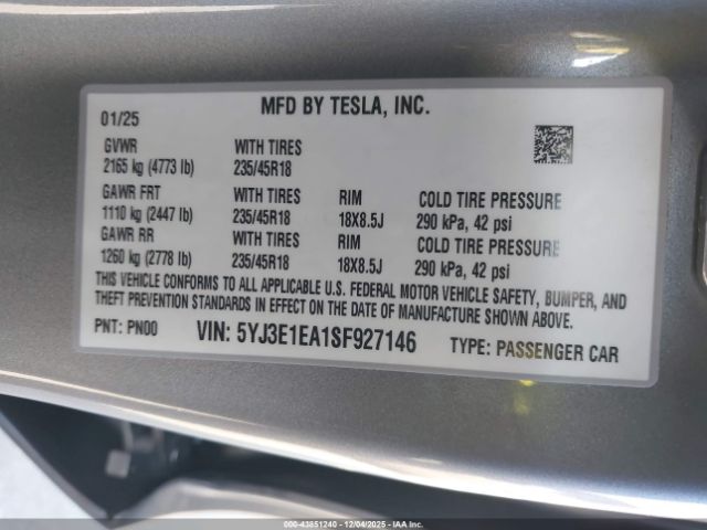 2025 TESLA MODEL 3 5YJ3E1EA1SF927146 Photo 8