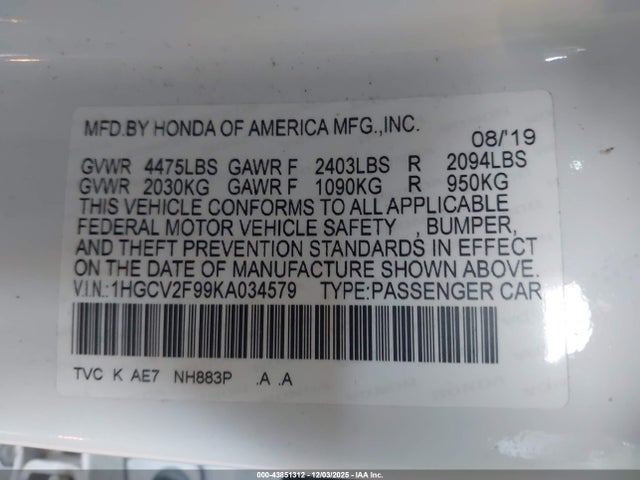 1HGCV2F99KA034579 Honda Accord Touring 2.0t