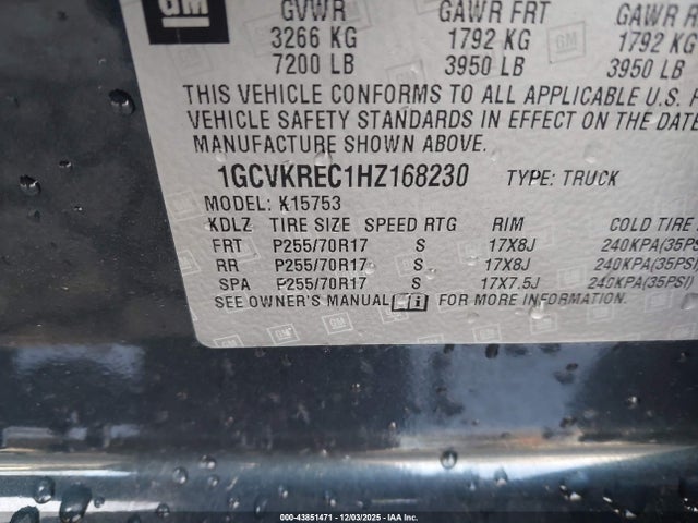 1GCVKREC1HZ168230 Chevrolet Silverado 1500 1lt