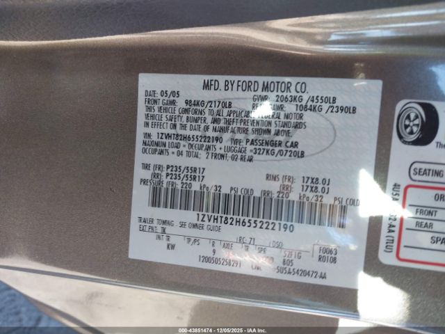 2005 FORD MUSTANG 1ZVHT82H655222190 Photo 8