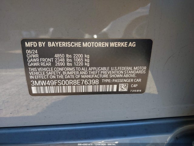Aukcja sprzedaży 2024 Bmw M340i, vin: 3MW49FS00R8E76398, numer aukcji: 43851475