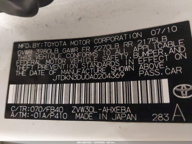 Aukcja sprzedaży 2010 Toyota Prius Iii, vin: JTDKN3DU0A0204369, numer aukcji: 43851525