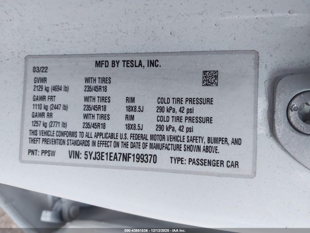 2022 TESLA MODEL 3 5YJ3E1EA7NF199370 Photo 8