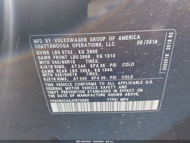 1V2CR2CA2JC572883 Volkswagen Atlas 3.6l V6 Se