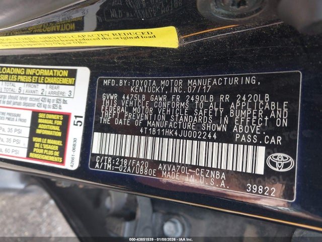 4T1B11HK4JU002244 Toyota CAMRY LE