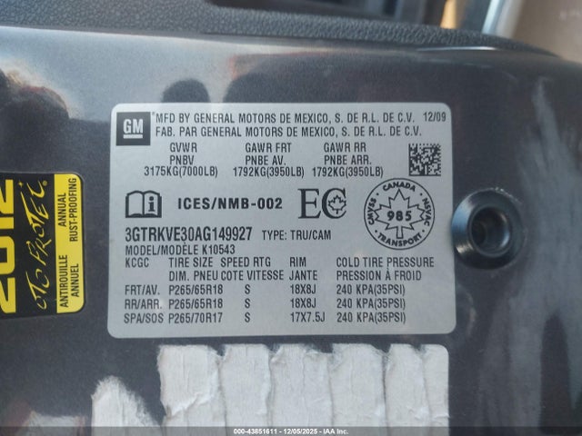 Aukcja sprzedaży 2010 Gmc Sierra 1500 Sle, vin: 3GTRKVE30AG149927, numer aukcji: 43851611