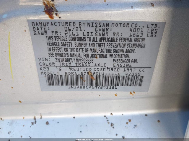 3N1AB8CV1MY293586 Nissan Sentra Sv Xtronic Cvt