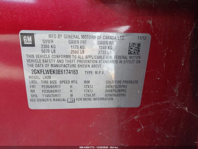 Aukcja sprzedaży 2014 Gmc Terrain Sle-2, vin: 2GKFLWEK0E6174183, numer aukcji: 43851772