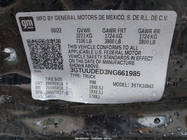 Aukcja sprzedaży 2022 Gmc Sierra 1500 Slt, vin: 3GTUUDED3NG661985, numer aukcji: 43851821