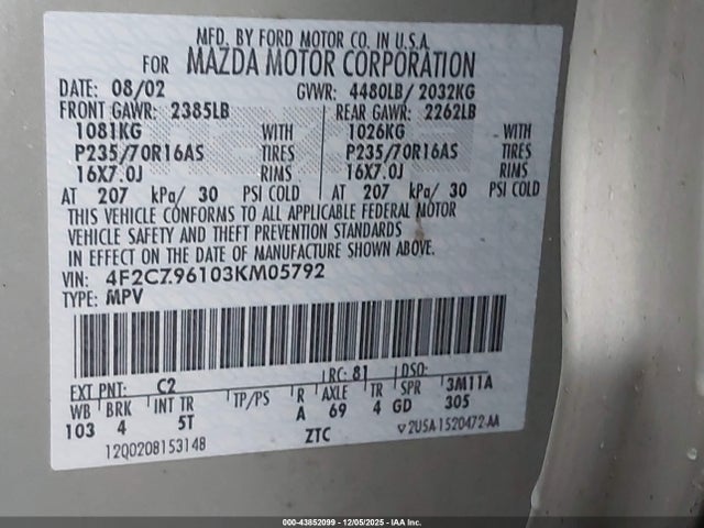 2003 MAZDA TRIBUTE 4F2CZ96103KM05792 Photo 8