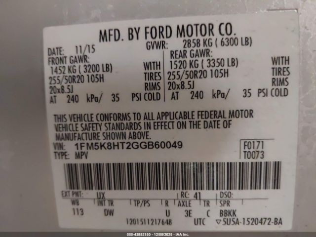2016 FORD EXPLORER 1FM5K8HT2GGB60049 Photo 8